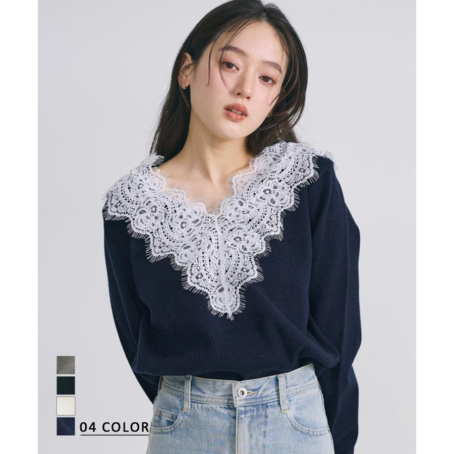 Vネックレースニット｜Vネックニット Vネック レース ベーシック 長袖