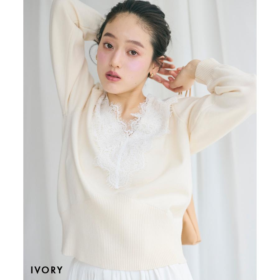 Vネックレースニット｜Vネックニット Vネック レース ベーシック 長袖
