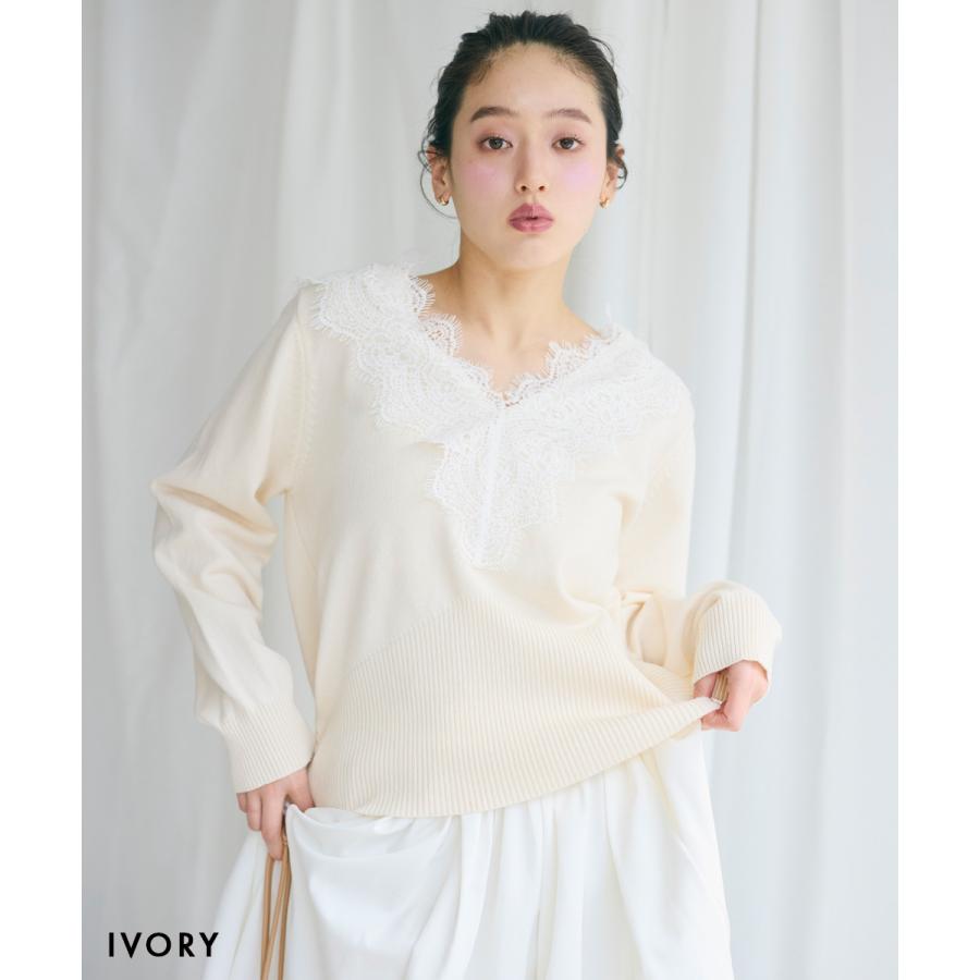 Vネックレースニット｜Vネックニット Vネック レース ベーシック 長袖
