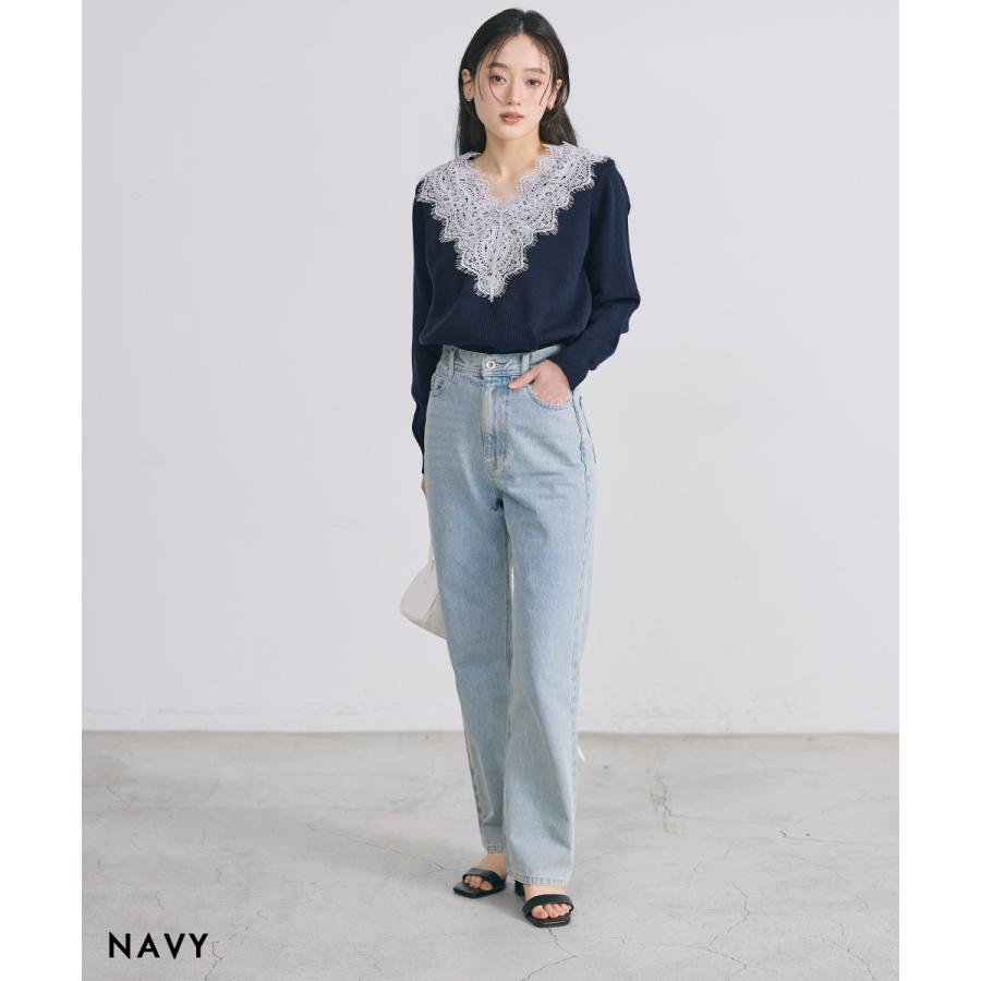 Vネックレースニット｜Vネックニット Vネック レース ベーシック 長袖