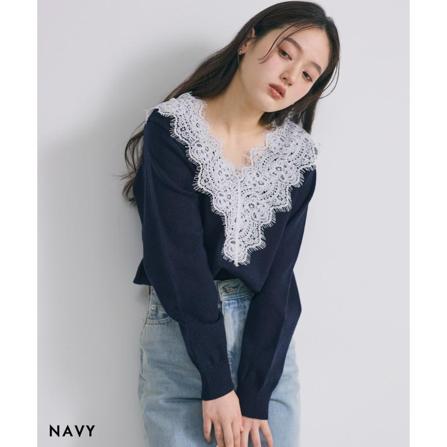 Vネックレースニット｜Vネックニット Vネック レース ベーシック 長袖