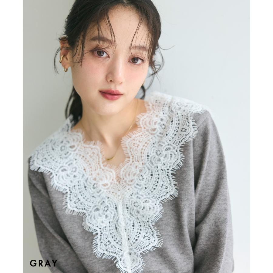 Vネックレースニット｜Vネックニット Vネック レース ベーシック 長袖