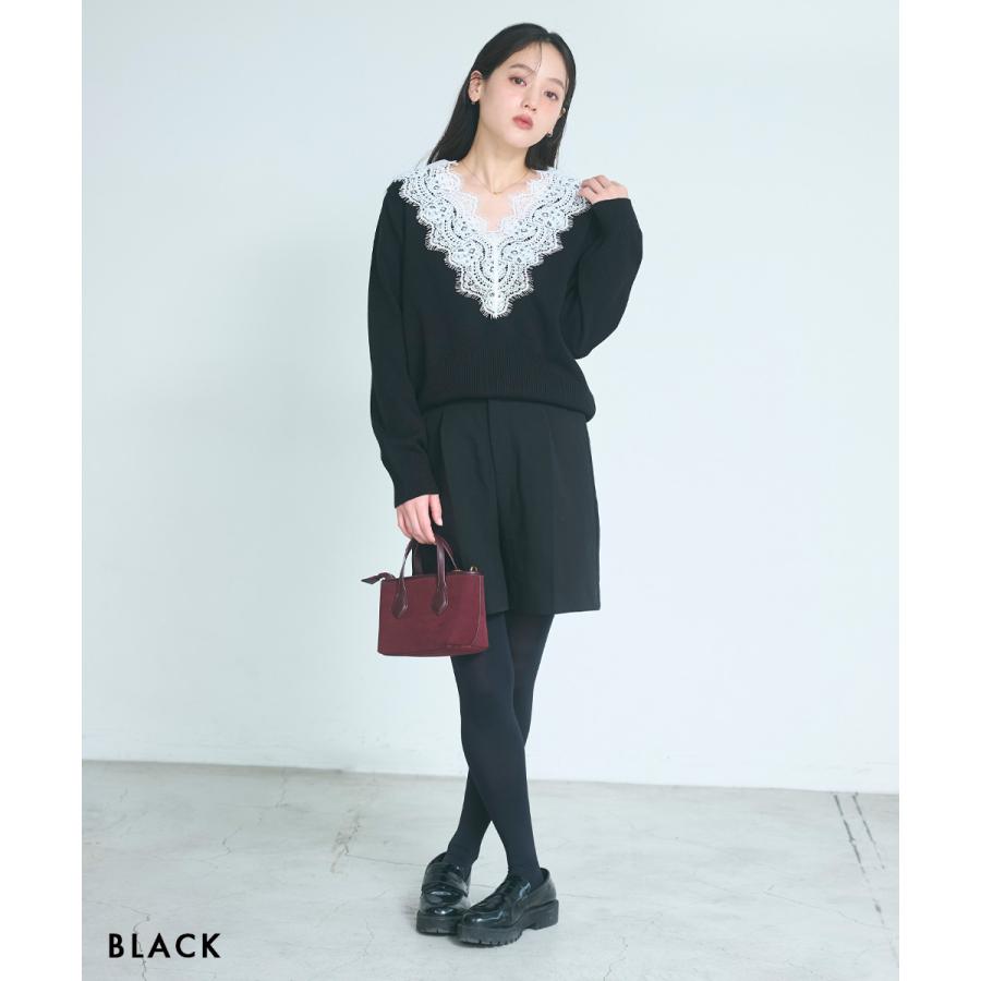 Vネックレースニット｜Vネックニット Vネック レース ベーシック 長袖