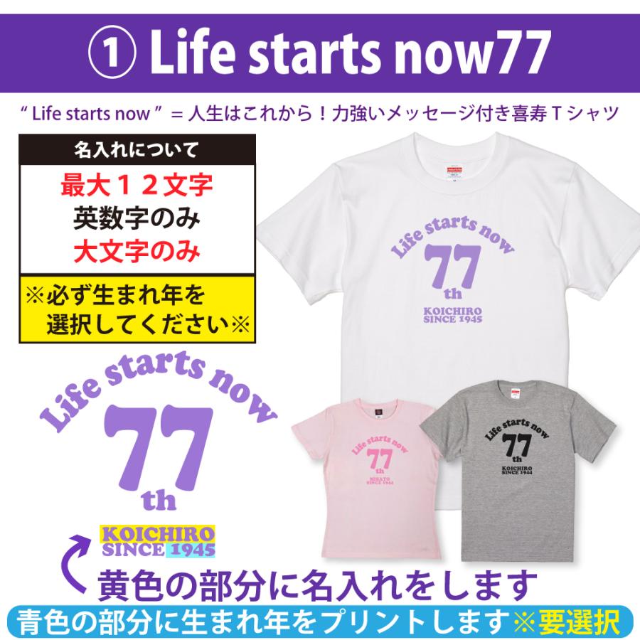 喜寿 祝い 喜寿のお祝い 品 女性 男性 77歳 プレゼント 名入れ  喜寿のお祝いの品 おしゃれ Tシャツ 贈り物 ギフト オリジナル 何色 何歳 紫色 1500/1501/5001｜basic-cover｜09