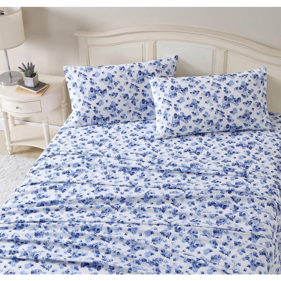 Laura Ashley フランネル シーツセット ブルー 花柄 綿100% 枕カバー付き | 