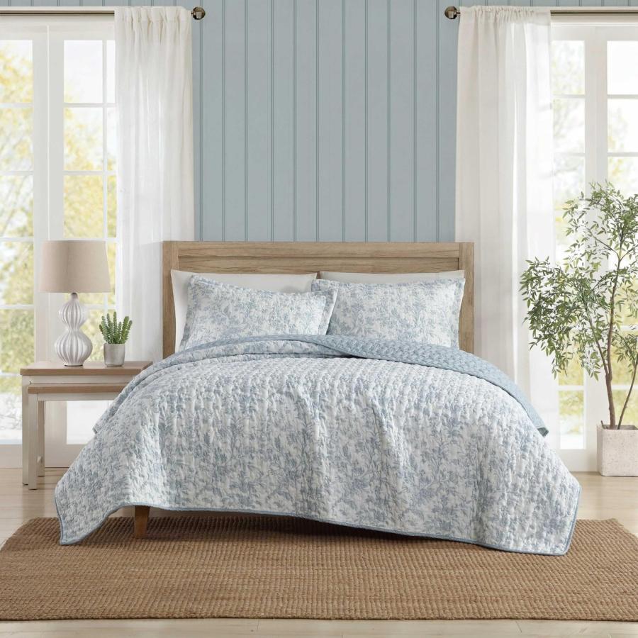 Laura Ashley キルトセット ベッドスプレッド 3点セット 花柄 パステルブルー リバーシブル 寝具カバー | 