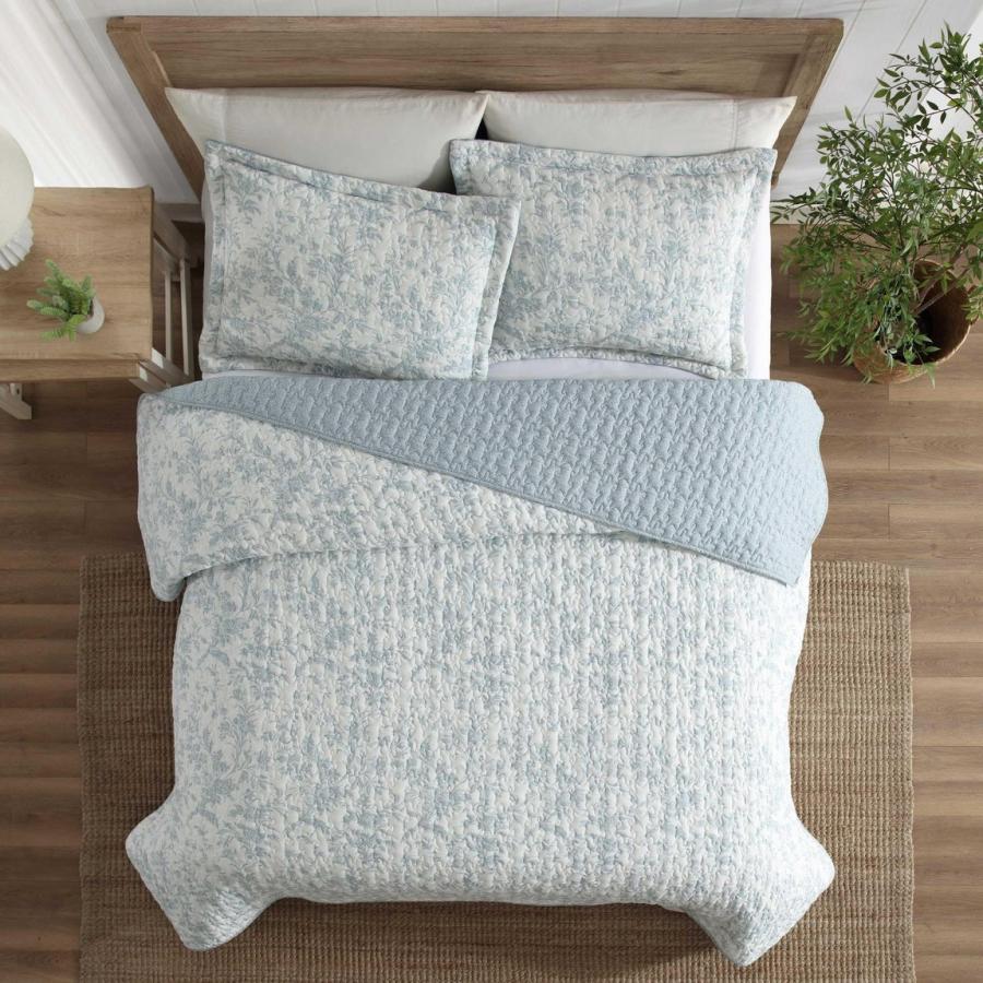 Laura Ashley キルトセット ベッドスプレッド 3点セット 花柄 パステルブルー リバーシブル 寝具カバー |  | 01