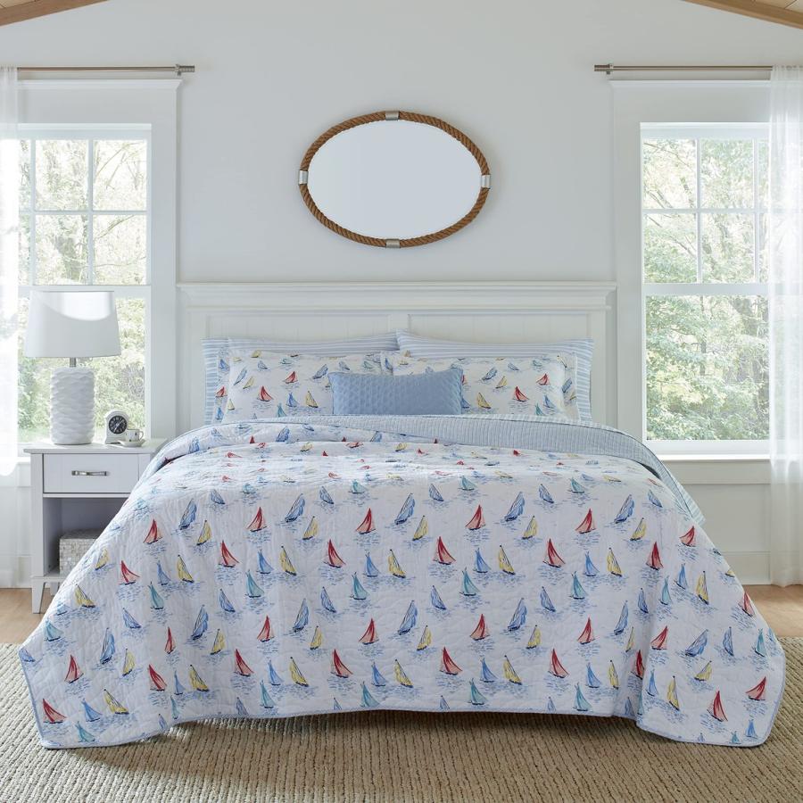 Laura Ashley キルトセット 3点セット 綿100％ ヨット柄 リバーシブル ベッドカバー ピローケース | 