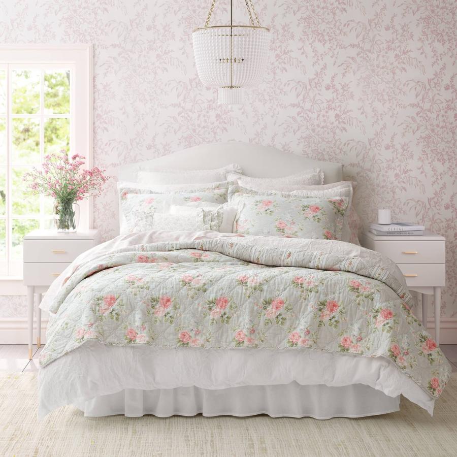 Laura Ashley キルトセット ベッドカバー ピンク 花柄 リバーシブル 綿 寝具セット | 