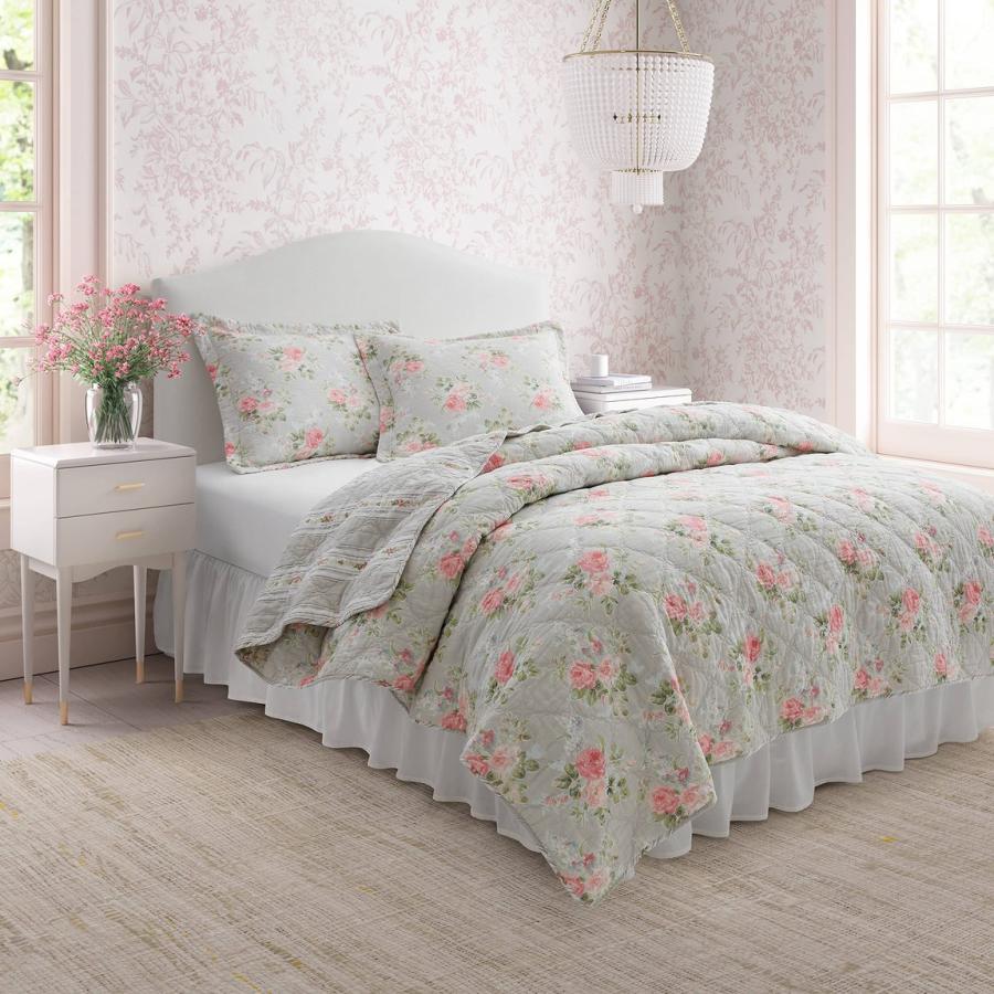 Laura Ashley キルトセット ベッドカバー ピンク 花柄 リバーシブル 綿 寝具セット |  | 01