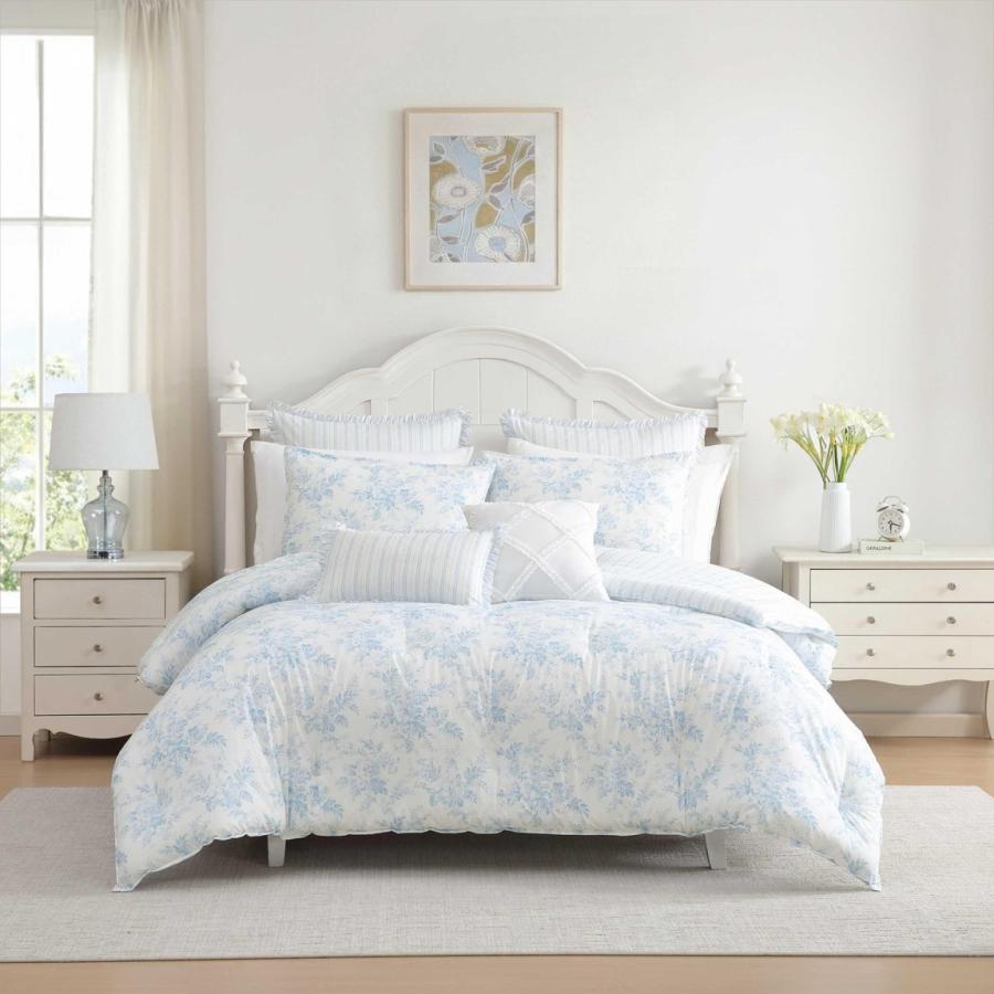 Laura Ashley 布団カバー 7点セット ブルー 花柄 ストライプ リバーシブル コットン 寝具セット | 