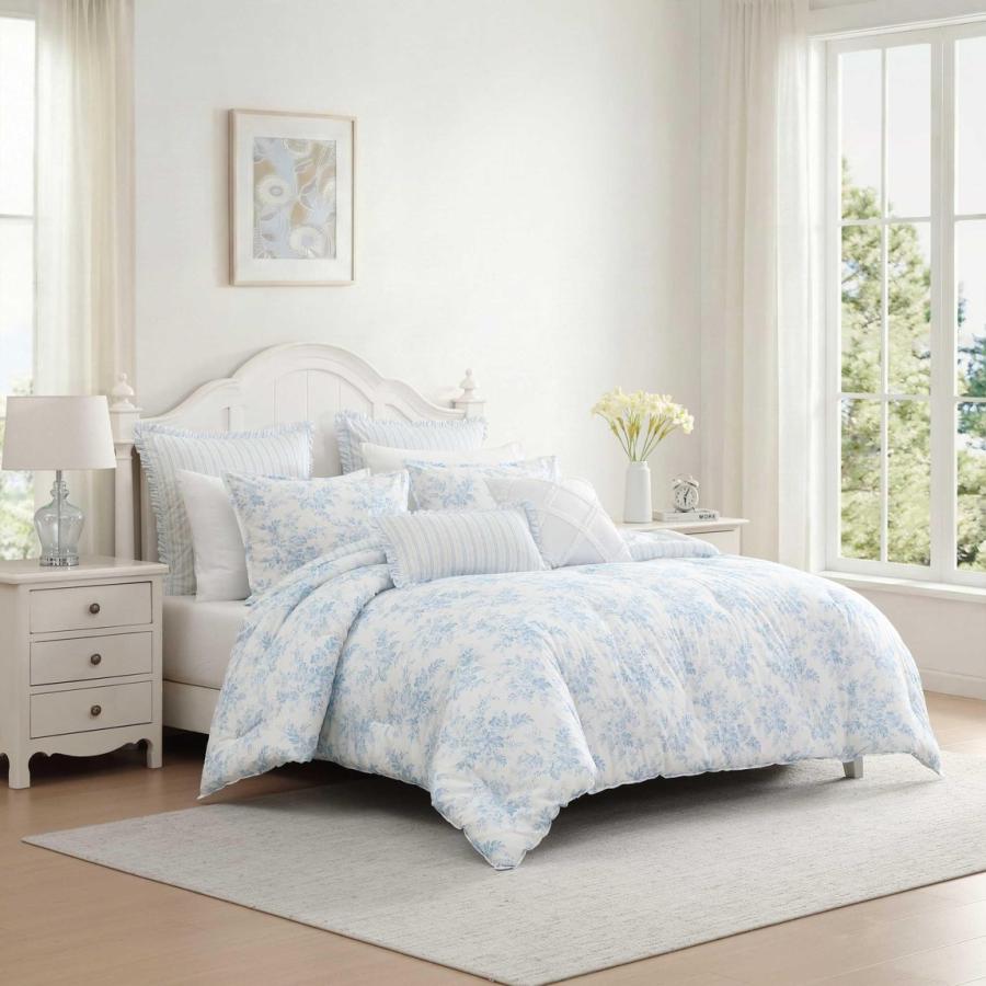 Laura Ashley 布団カバー 7点セット ブルー 花柄 ストライプ リバーシブル コットン 寝具セット |  | 01