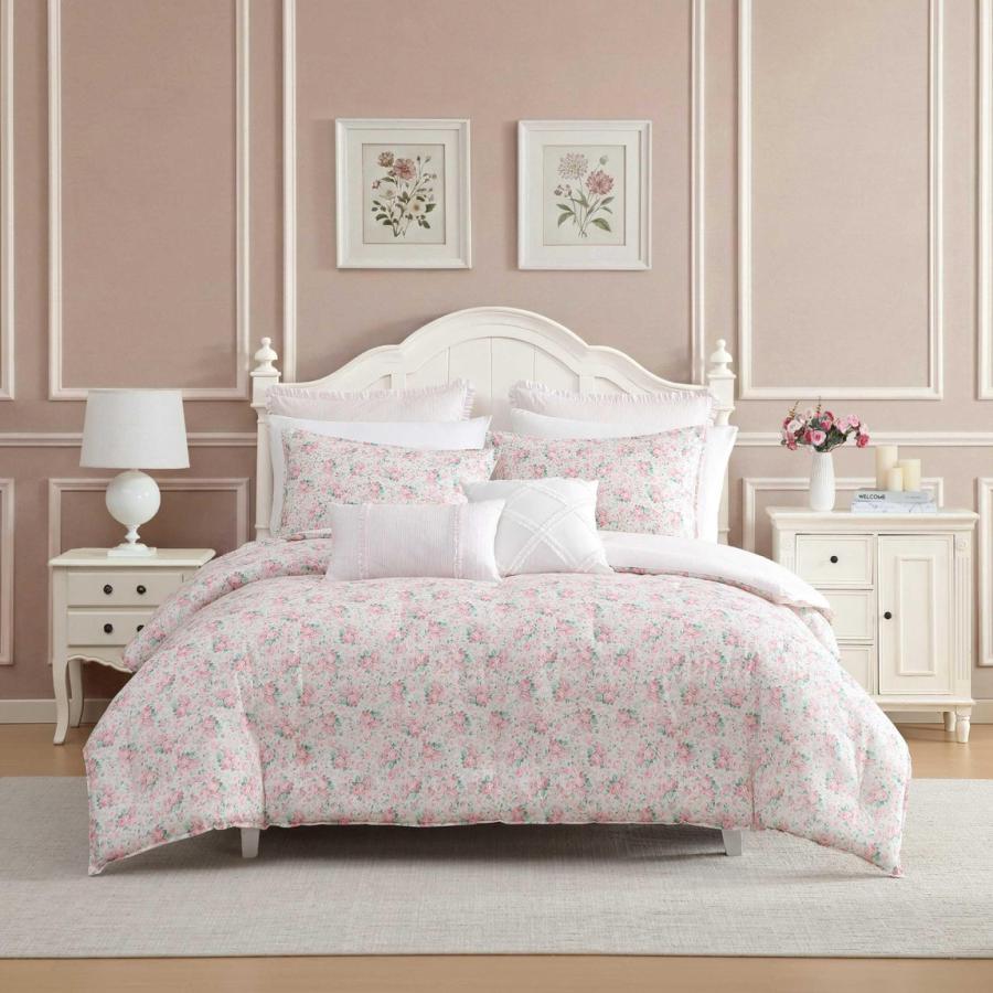 Laura Ashley ベッドカバー 7点セット 花柄 ピンク リバーシブル 綿100% 掛け布団 枕カバー | 
