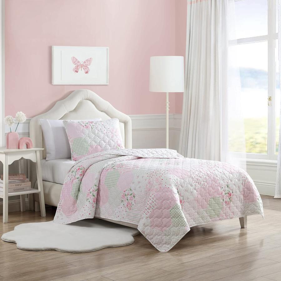 Laura Ashley Kids キルトセット ピンク 花柄 パッチワーク風 ベッドカバー 枕カバー付き 子供部屋 |  | 01