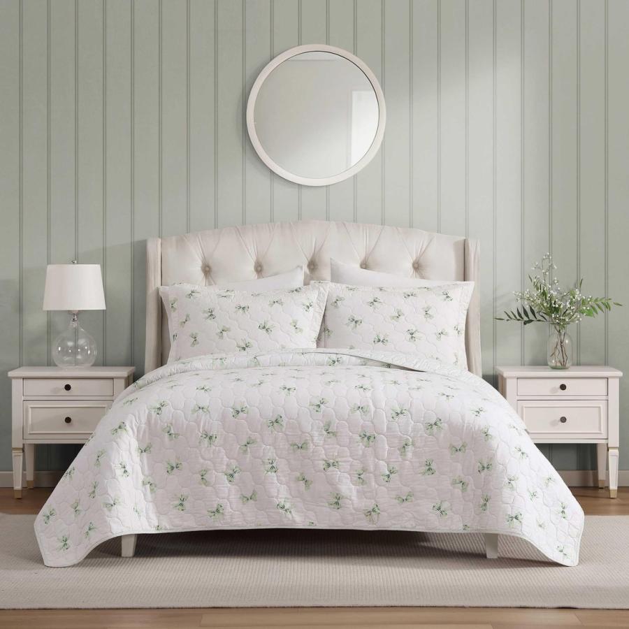 Laura Ashley キルトセット 3点セット ボウ柄 グリーン ベッドスプレッド カバーセット | 
