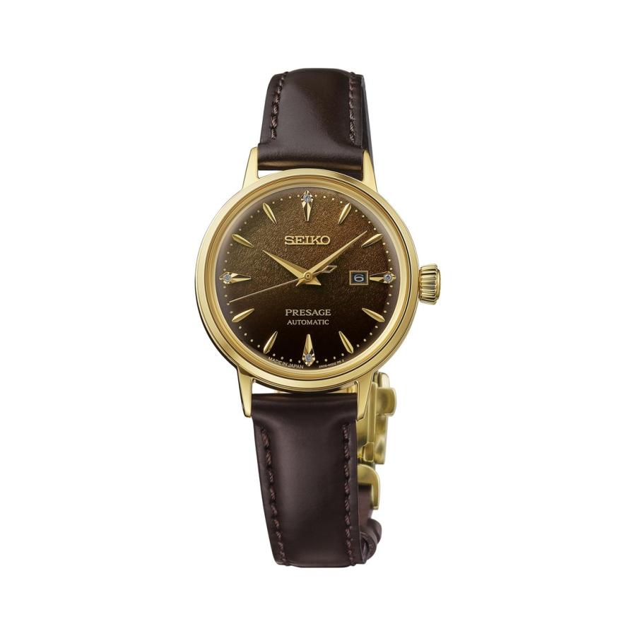 SEIKO Presage Cocktail Time 腕時計 レディース ブラウン文字盤 ダイヤモンド ゴールド レザー 自動巻 SRE020 | 