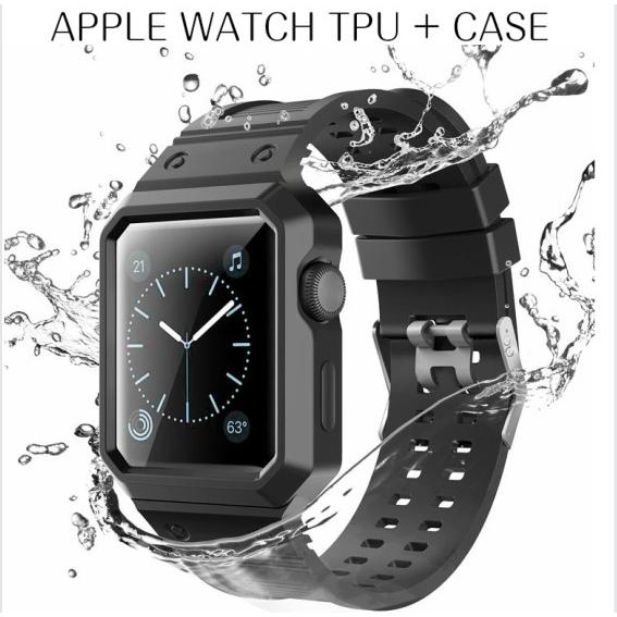アップルウォッチシリーズ2対応 カバー ケース付きバンド ラバー ストラップ Apple watch 360度全面保護 フルカバー 強化ガラスフィルム付き 耐衝撃 | 