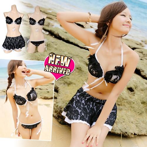 レース水着3点セット　ブラック黒 水着ビキニ上下セット レディースYY1411 | 