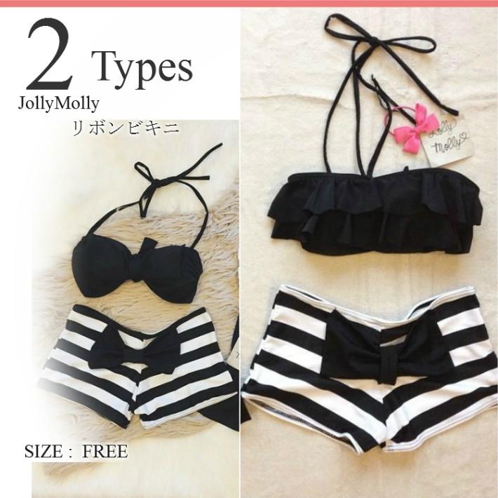 水着 リボン　バンドゥビキニ ボーダーパンツ 2タイプ 水着ビキニ上下セット レディース /JollyMollyタイ水着 | 