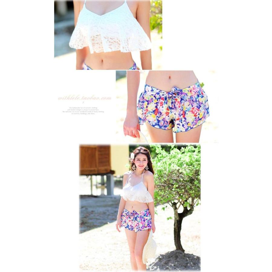 体型カバー バンドゥビキニ 3ピースセット フリル ショートパンツ レーストップ 水着73065 大きいサイズ M/L/XL ママレディース |  | 03