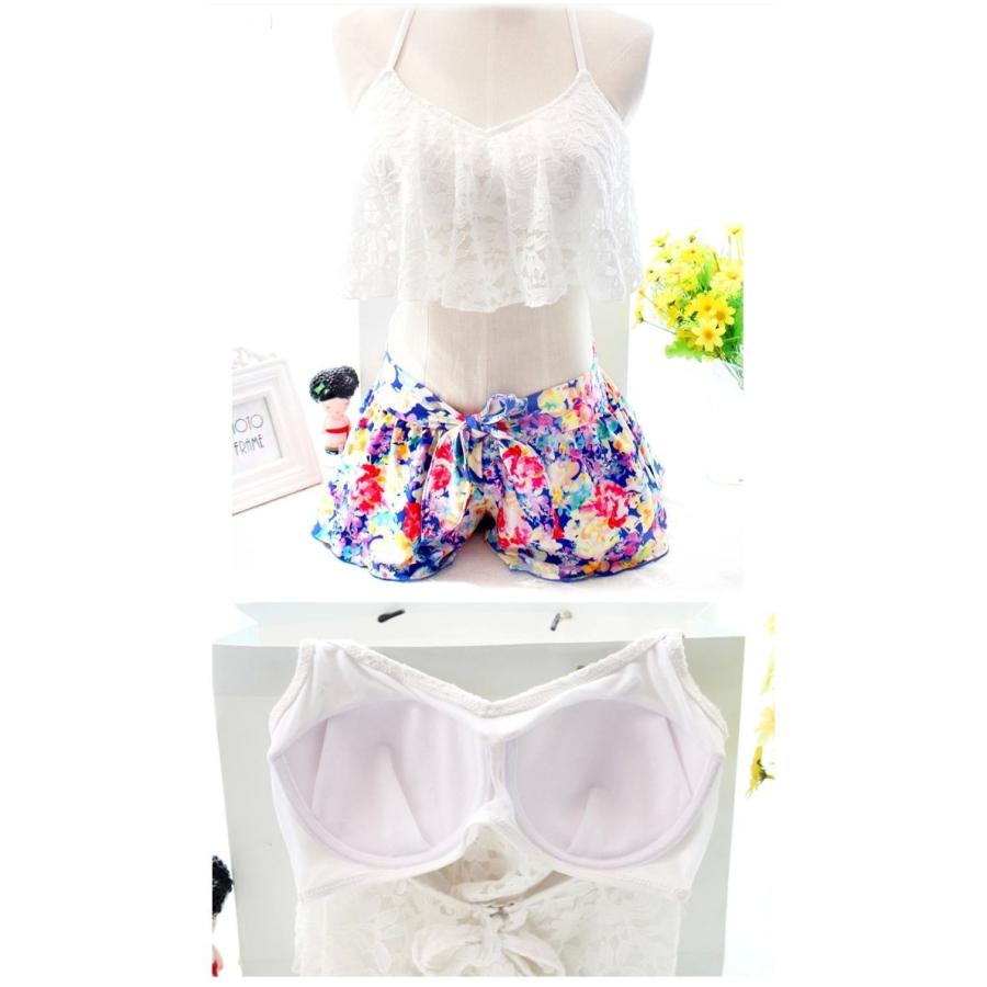 体型カバー バンドゥビキニ 3ピースセット フリル ショートパンツ レーストップ 水着73065 大きいサイズ M/L/XL ママレディース |  | 04