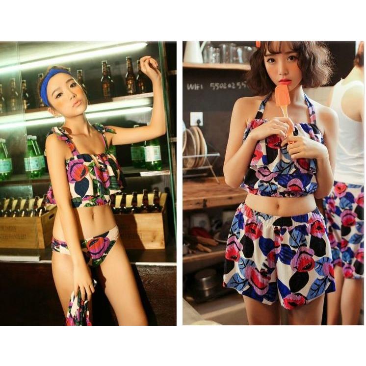 体型カバー フラワー タンキニ 3ピースセット 2カラー ショートパンツ 水着 大きいサイズ M/L/XL レディース | 