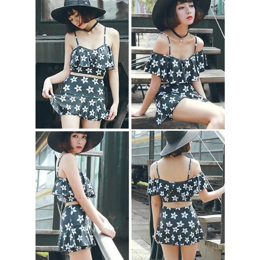 体型カバー 2点セット バンドゥビキニ フリル ショートパンツ 水着 大きいサイズ M/L/XL レディース 送料無料 |  | 01