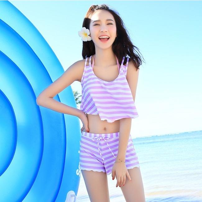 ストライプ体型カバー 4点セット ビキニ ショートパンツ　2カラー 水着 大きいサイズ M/L/XL レディース 送料無料 | 