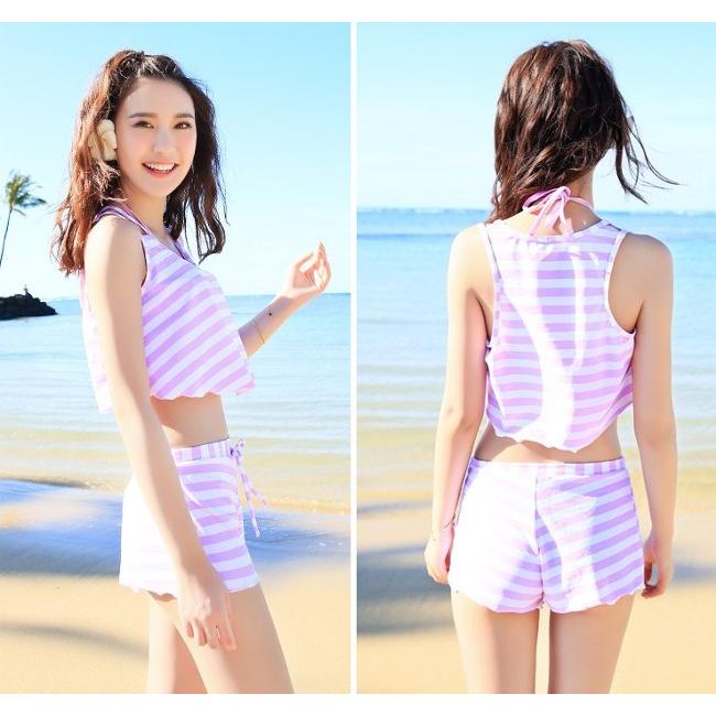 ストライプ体型カバー 4点セット ビキニ ショートパンツ　2カラー 水着 大きいサイズ M/L/XL レディース 送料無料 |  | 01
