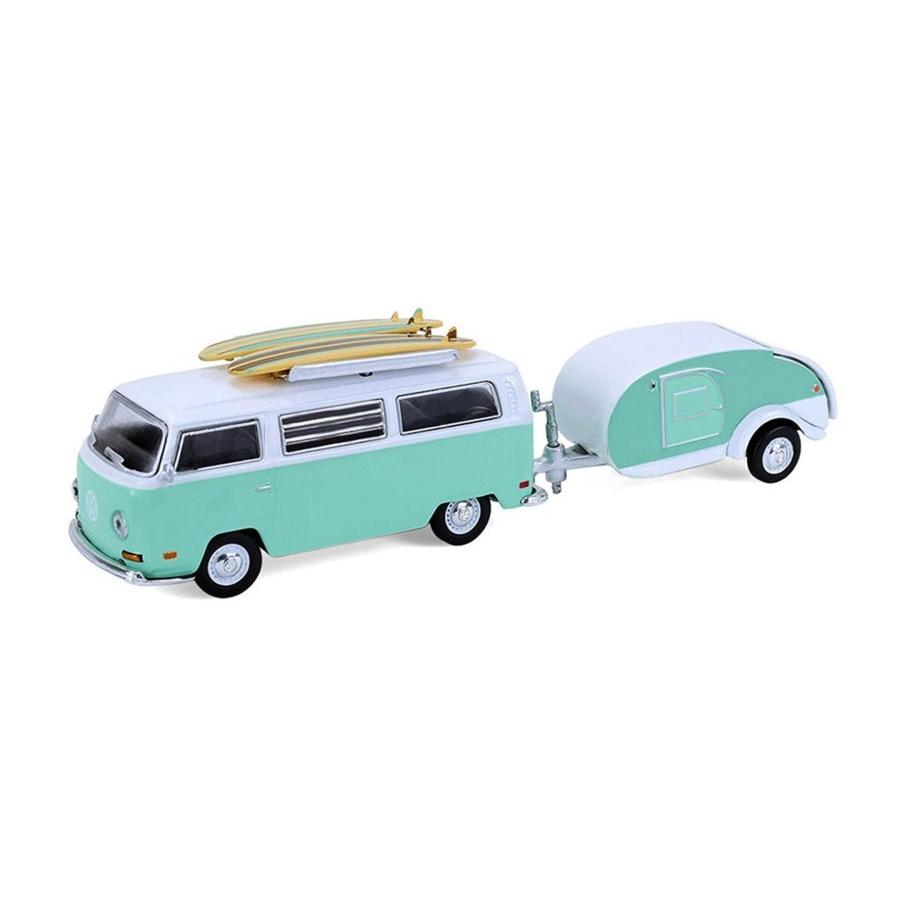 1971 VW T1 Type 2 Minibus w/Surfboard & Teardrop Trailer GREENLIGHT 1/64 | 
