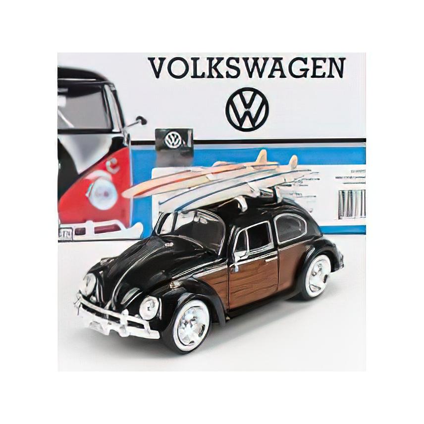 VOLKSWAGEN BEETLE WITH SURFBOARD 1968 - BLACK WOOD/Motor Max 1/24