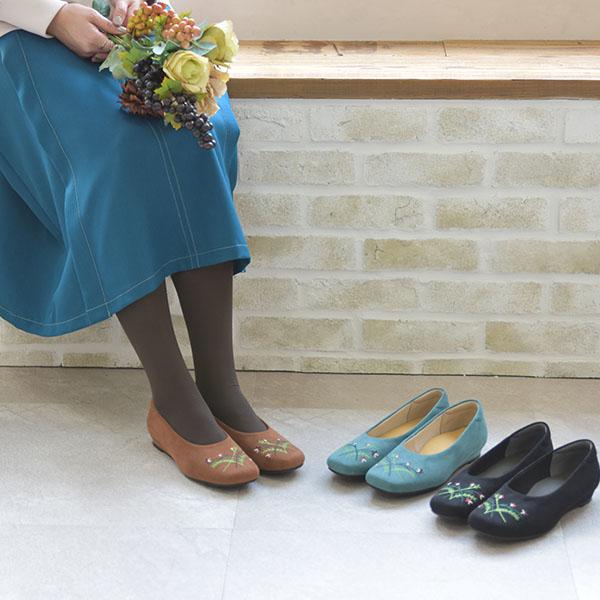 パンプス スクエアトゥ フラット ぺたんこ 洗える 幅広 甲高 ゆったり 3E 外反母趾 内反小趾 軽い 楽 痛くない 刺繍 ローヒール No.444280 クロールバリエ | COULEUR VARIE | 01