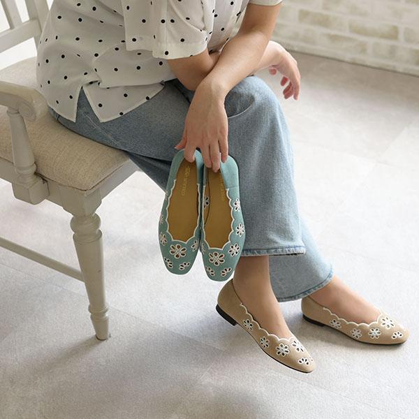 パンプス ローヒール ぺたんこ フラワーカットワーク 刺繍 スクエアトゥ ゆったり 3E幅 幅広 甲高 歩きやすい No.551230 クロールバリエ セール ※交換返品不可 | COULEUR VARIE | 04