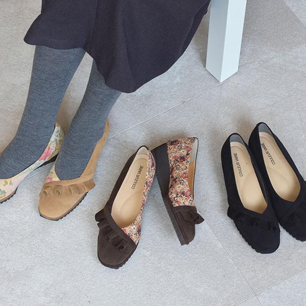 パンプス フリル バイカラー ウェッジヒール 軽い 走れる 痛くない 3E ゆったり 幅広 甲高 甲深 外反母趾 内反小趾 歩きやすい クロールバリエ No.574280 | COULEUR VARIE | 01