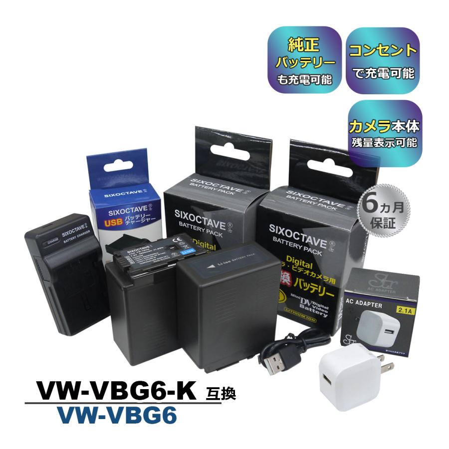VW-VBG6 Panasonic パナソニック 互換バッテリー 2個と 互換USB充電器 ★コンセント充電用ACアダプター付き★ 4点セット VW-VBG6-K / VW-VBG6GK (a2.1) ビデオカメラ用バッテリー