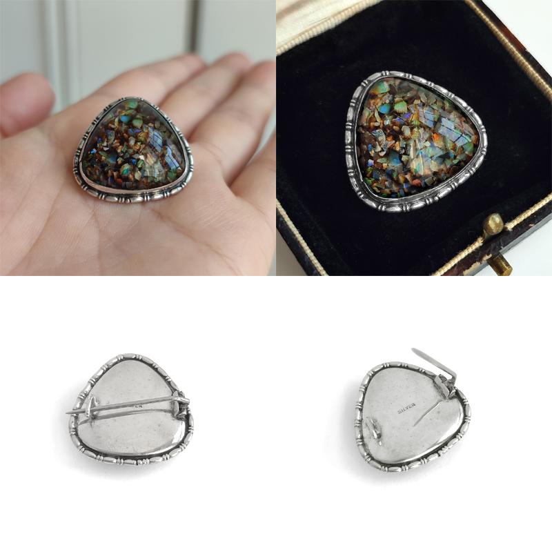 オパール モザイク シルバー ブローチ イギリスアンティーク : BAU