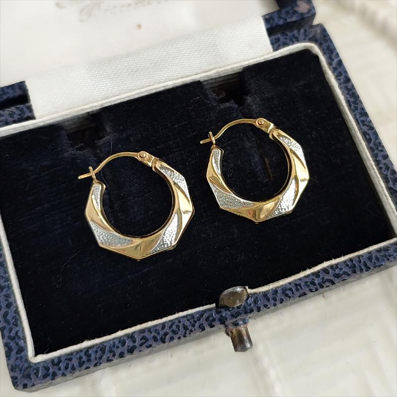 イギリスヴィンテージ 9ct ゴールド ホワイト×ゴールド フープ ピアス