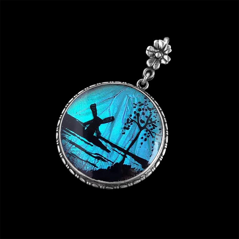 イギリスアンティーク モルフォ蝶 バタフライウィング 風車と湖畔