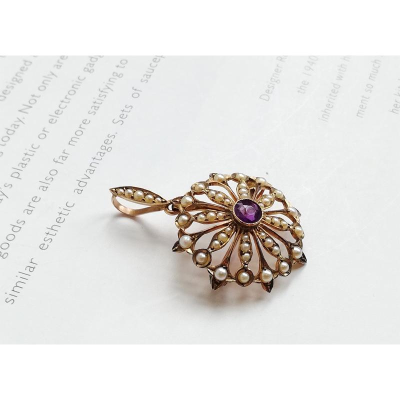 ヴィクトリアン 9金 天然アメジストとシードパール ペンダントトップ