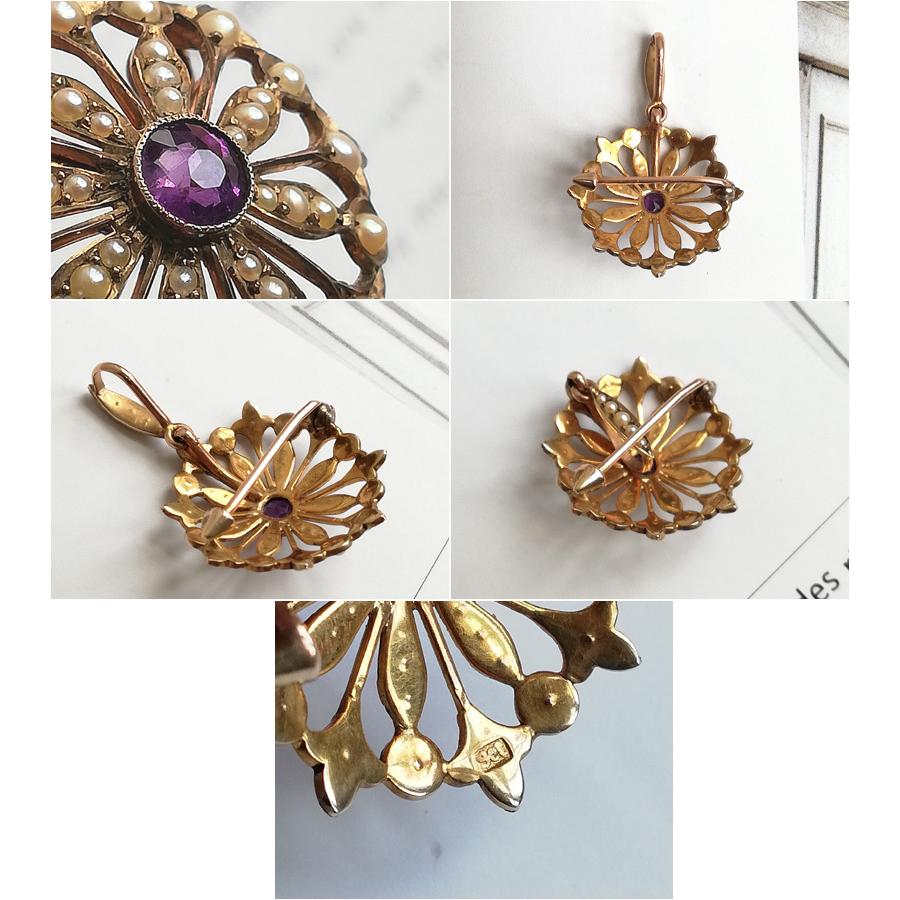 ヴィクトリアン 9金 天然アメジストとシードパール ペンダントトップ