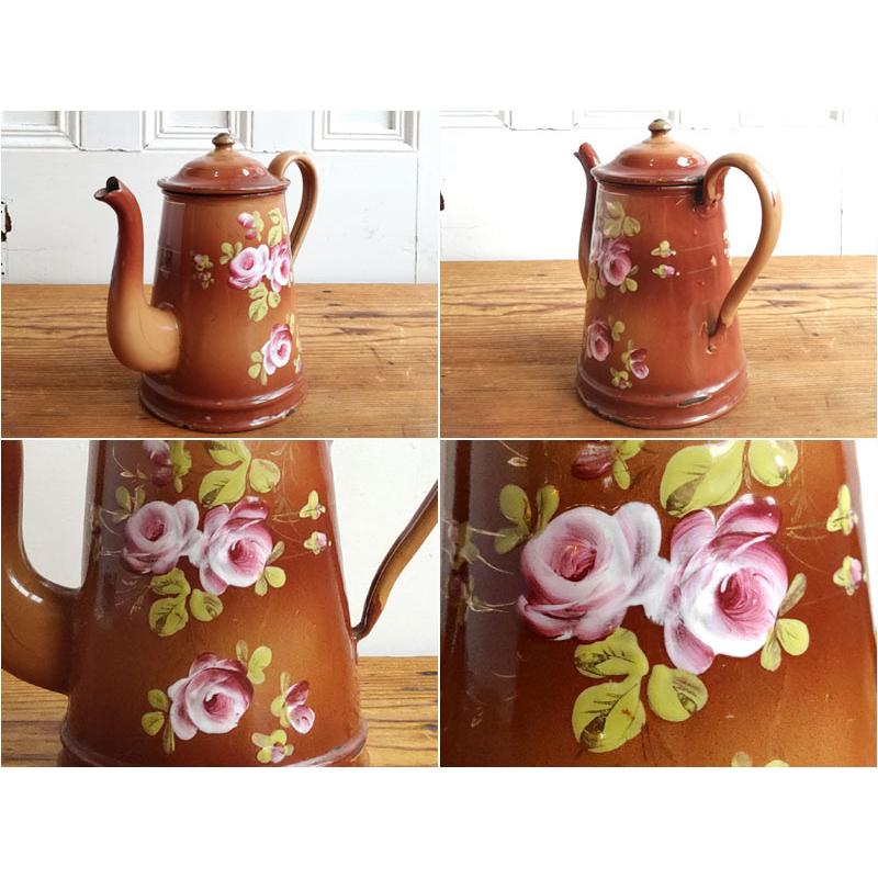 手書き 薔薇 ホーロー コーヒーポット フランスアンティーク 手書き 薔薇 ホーロー コーヒーポット フランスアンティーク