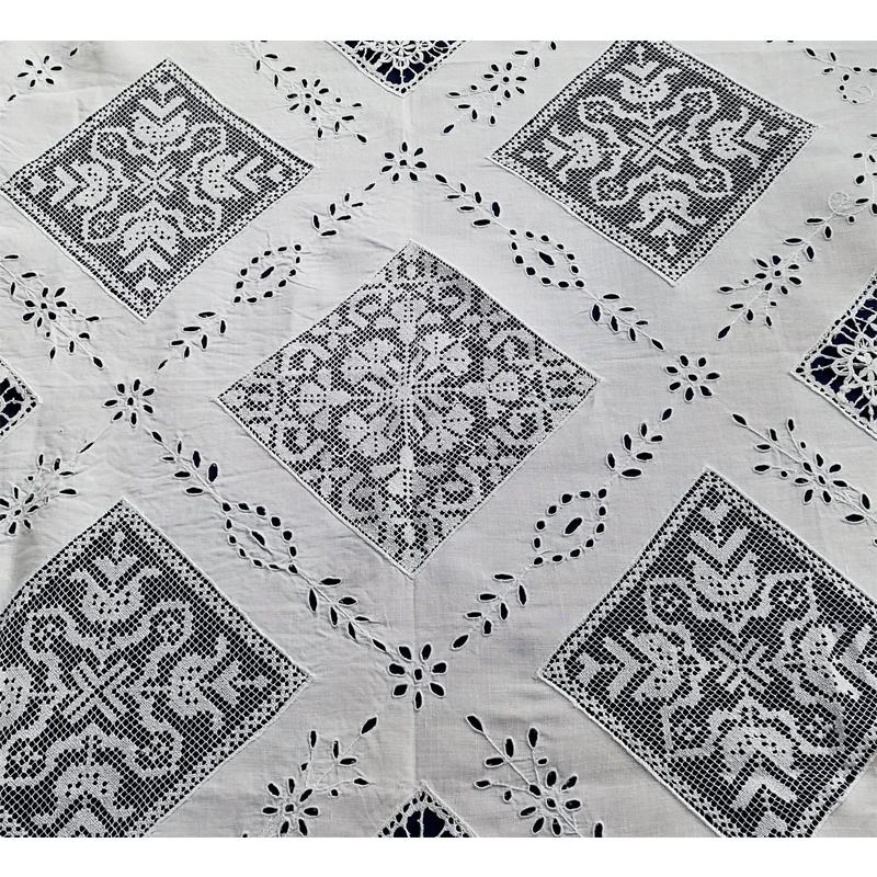 フランス アンティークカットワークテーブルクロス カットワークとレースインサート リネンテーブルクロス フランス