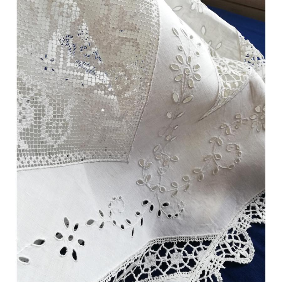 カットワークとレースインサート リネンテーブルクロス フランス