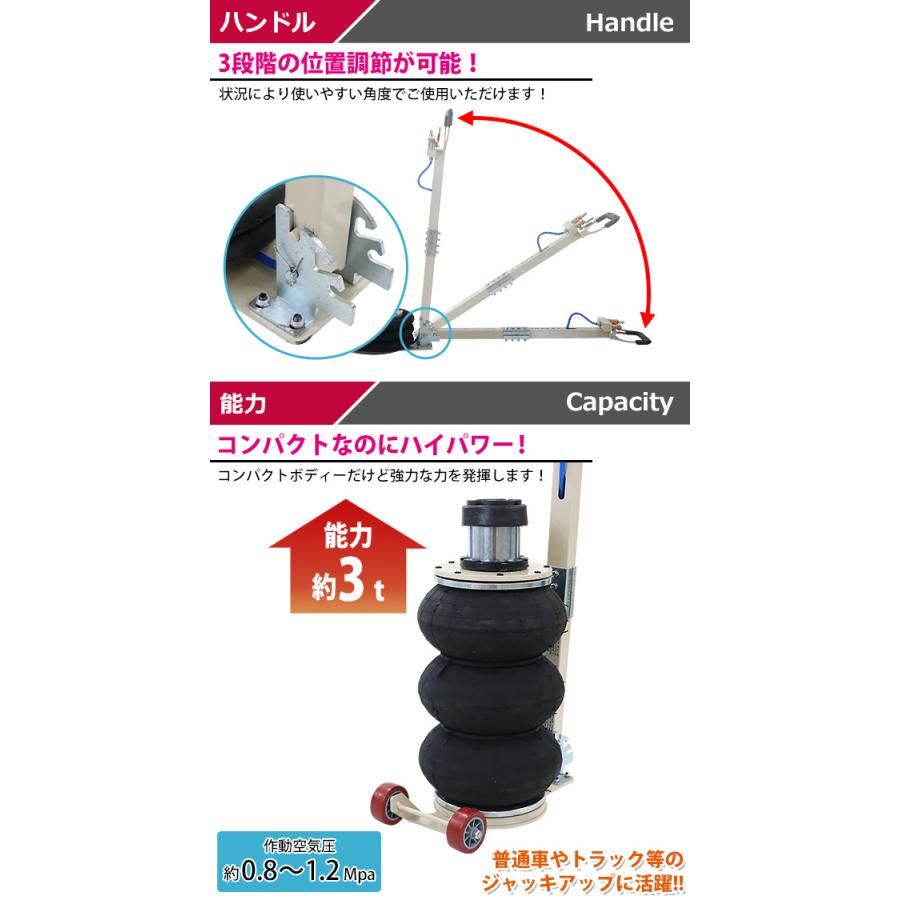 バルーンジャッキ 低床タイプ アタッチメント付き 最高位503mm エアーバルーンジャッキ 3段 能力約3t 約3.0t 約3000kg ハンドル3段階調節 エアー式｜bauhaus1｜05