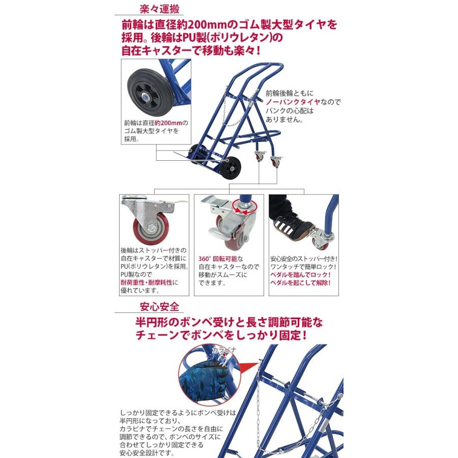 ボンベカート ボンベスタンド 2本積用 耐荷重 約200kg 青 4輪