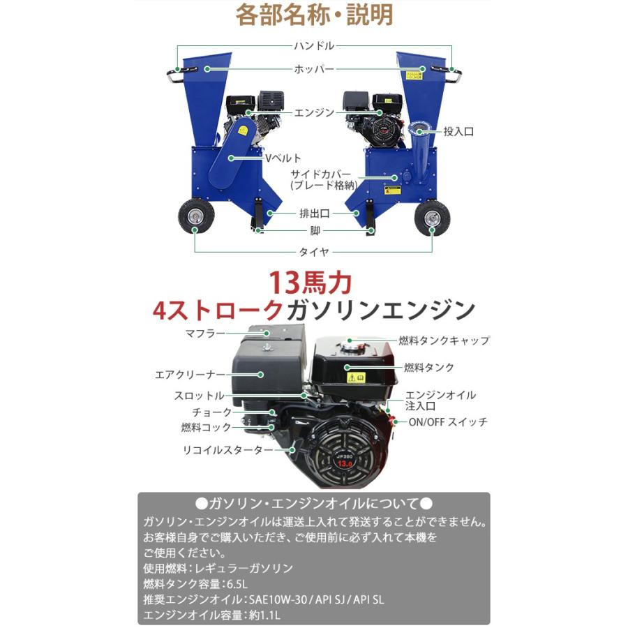粉砕機 ウッドチッパー ガーデンシュレッダー エンジン式 最大粉砕径約 