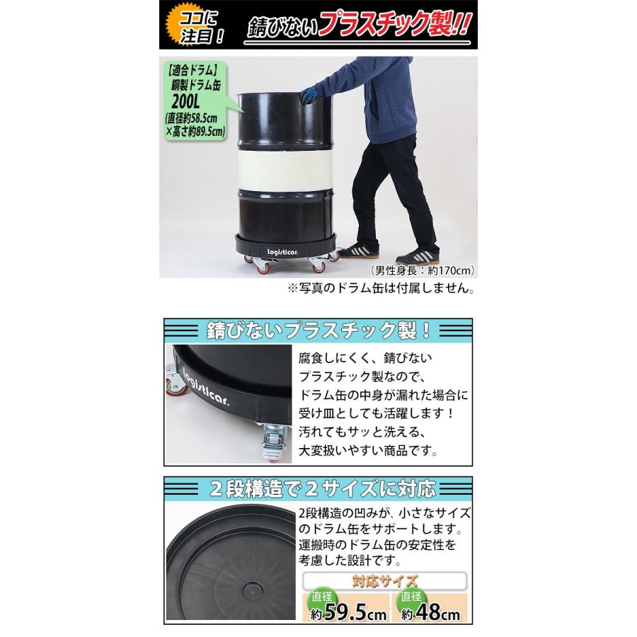 ドラム缶キャリー ブラック 荷重400kg 全キャスターストッパー付き
