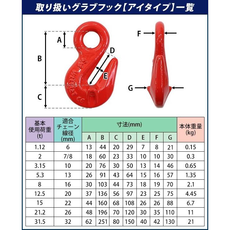 グラブフック アイタイプ 使用荷重約12.5t 約12500kg G80 鍛造 フック
