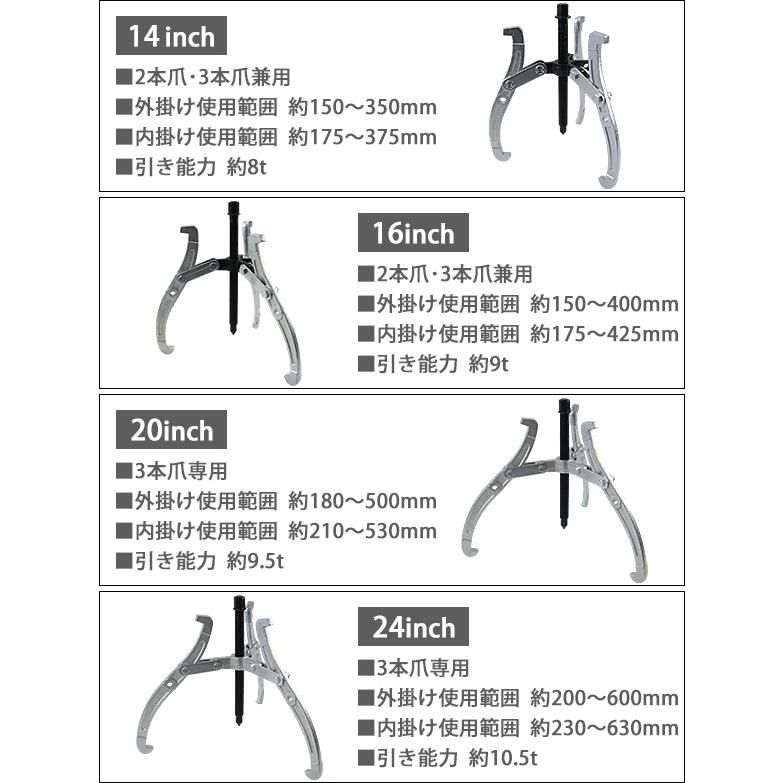手動式 ギアプーラー 14インチ 外掛け対応外径 約150〜350mm 3本爪 2本