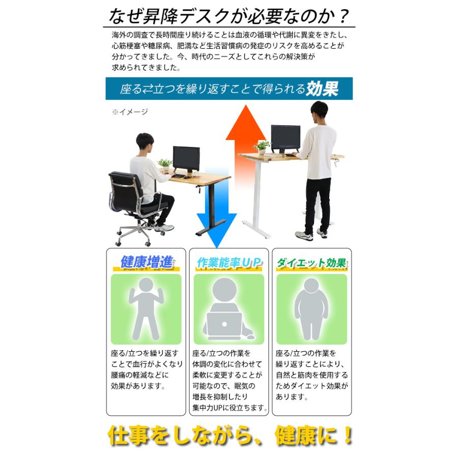 手動 W1200×D700×H735〜1185mm パイン材 高級 木製 天板 グロス加工 耐荷重約70kg(脚部) スタンディングデスク 上下昇降 デスク 手動昇降 上下昇降 【差し込み】